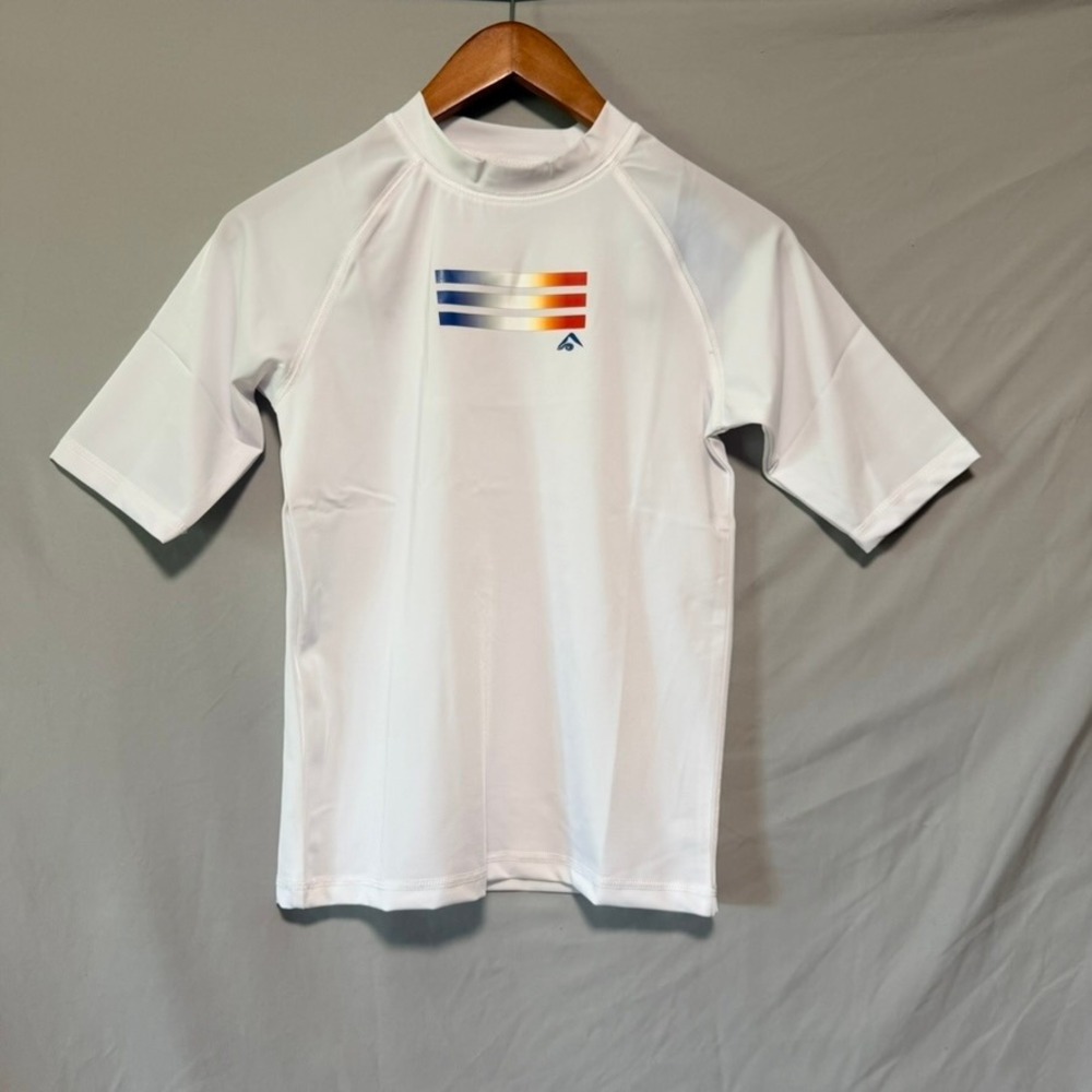 Kanu Surf Kids White Linear Short Sleeve Rash Guard UPF 50+ Swim Shirt 14/16 NWT